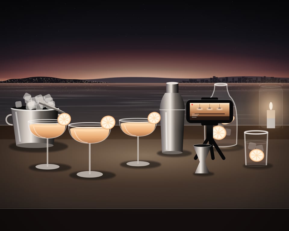 Illustration: A bar counter at dusk with cocktails and a lantern, and a phone on a small tripod at the end of the bar streaming it live.