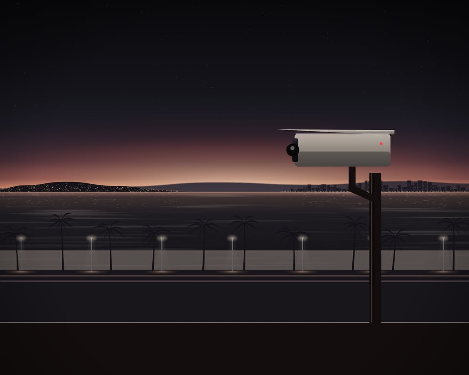 Illustration: A weatherproof camera on a short mast at a rooftop corner, looking out over the beach road, the palms and the bay at dusk.