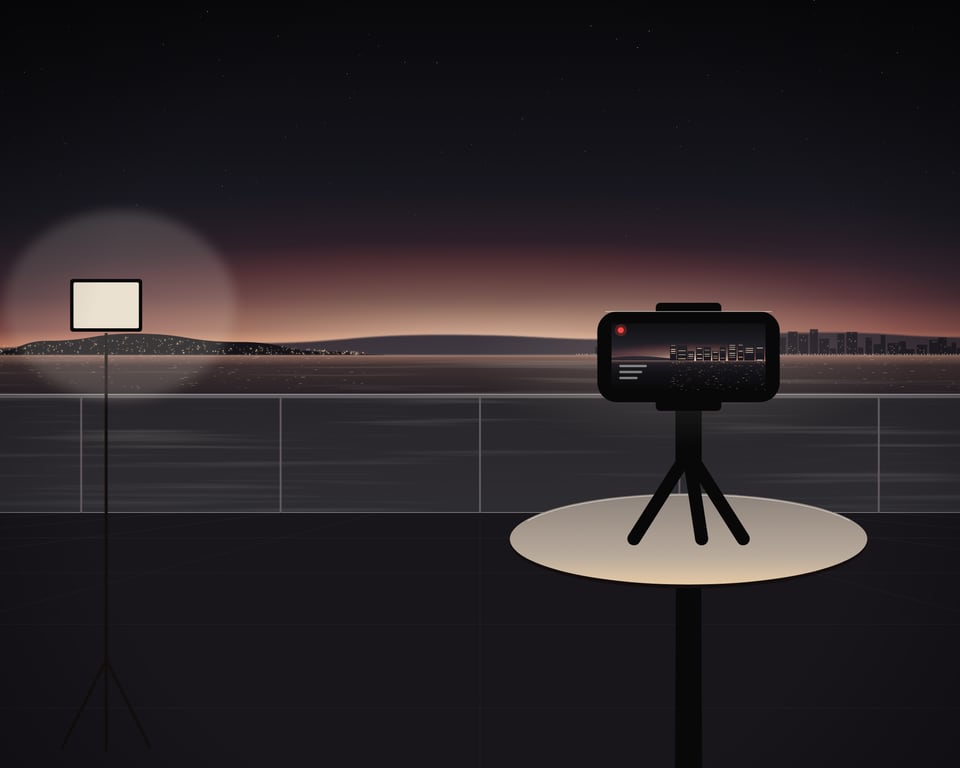 Illustration: A phone on a small tripod on a terrace table at dusk, filming the bay and the town lights, a red live light in the corner of its screen.
