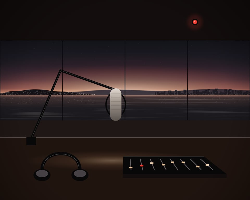 Illustration: A small radio studio at dusk with a window onto the bay, a microphone on its boom arm, headphones, a small mixing desk and a red on-air lamp.