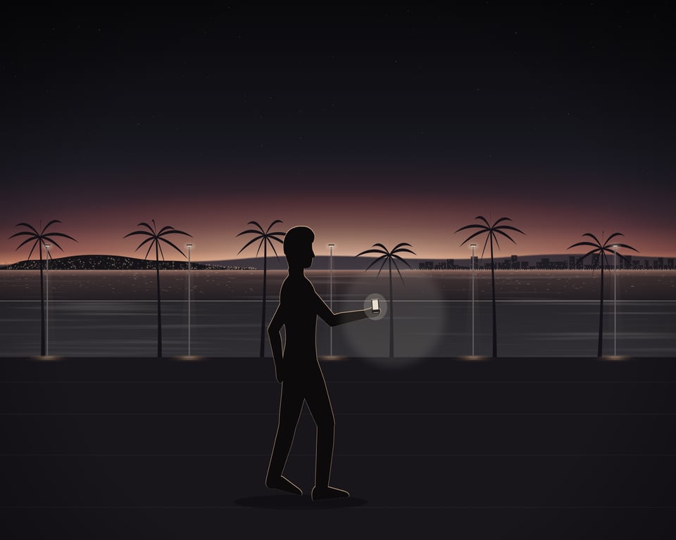 Illustration: A man walking along a palm-lined promenade by the bay at dusk, holding a phone out in front of him and filming as he goes.